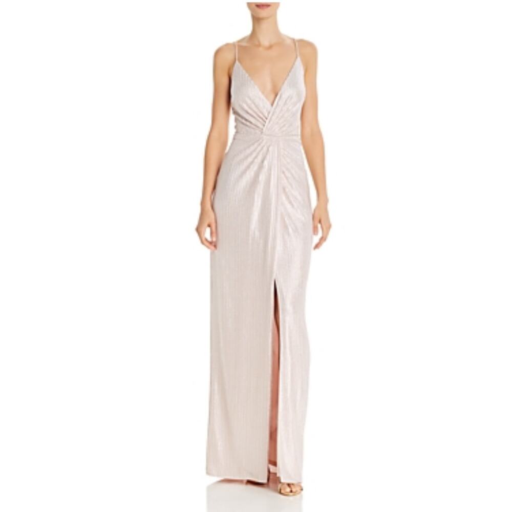 Aidan Mattox Sparkly V-Neck Metallic Long Column Evening Gown Pink Size 4 Dress